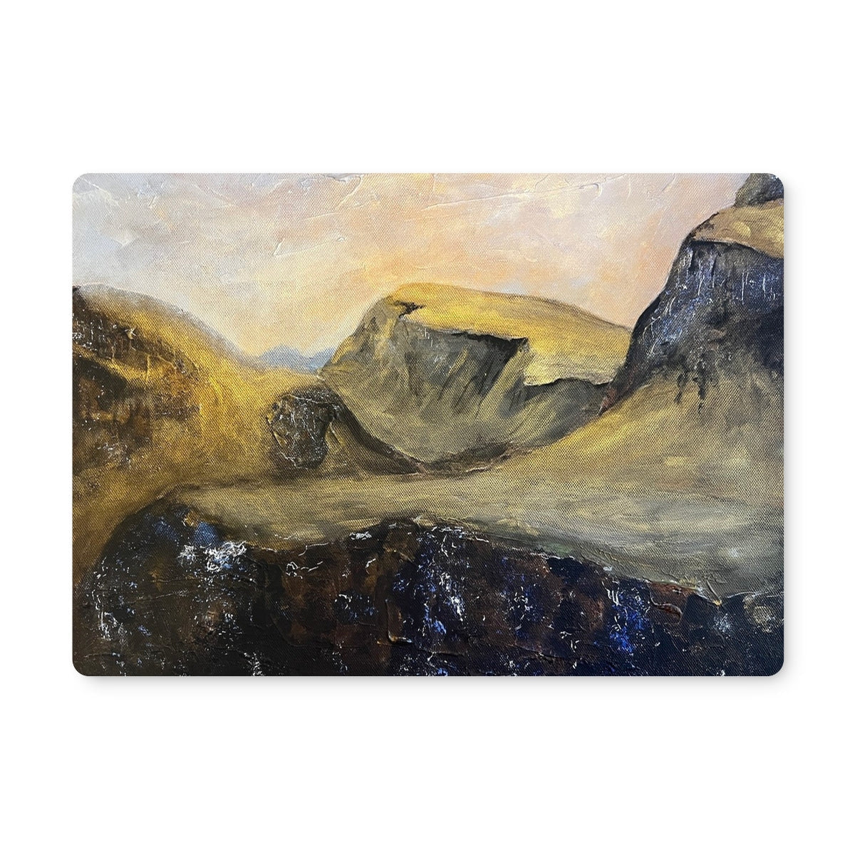 Landscape painting of rolling hills and mountains under a dusky sky on The Quiraing Placemat