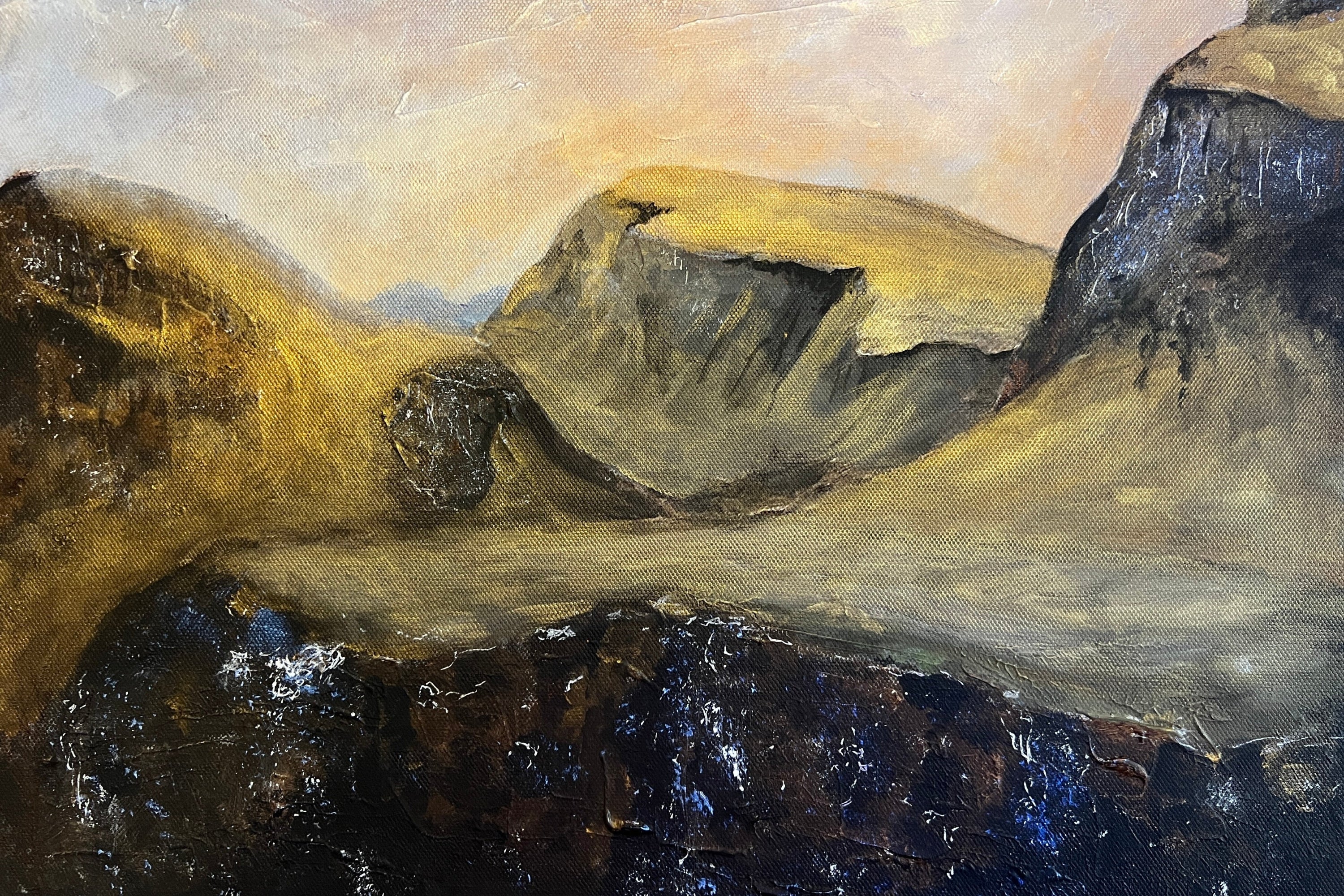 Yellow and brown abstract Quiraing Skye landscape painting with textured brushstrokes