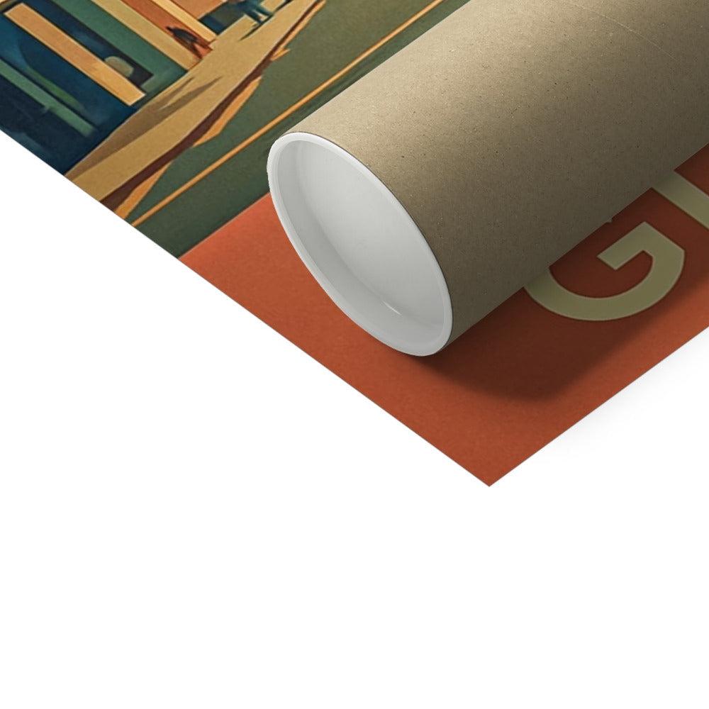 Rolled-up The Real Glasgow fine art print with vintage orange, green, blue illustration