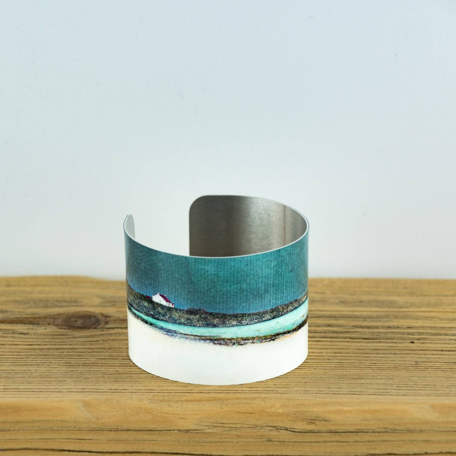 Red Croft Barra Aluminium Bangle with teal white landscape cuff design