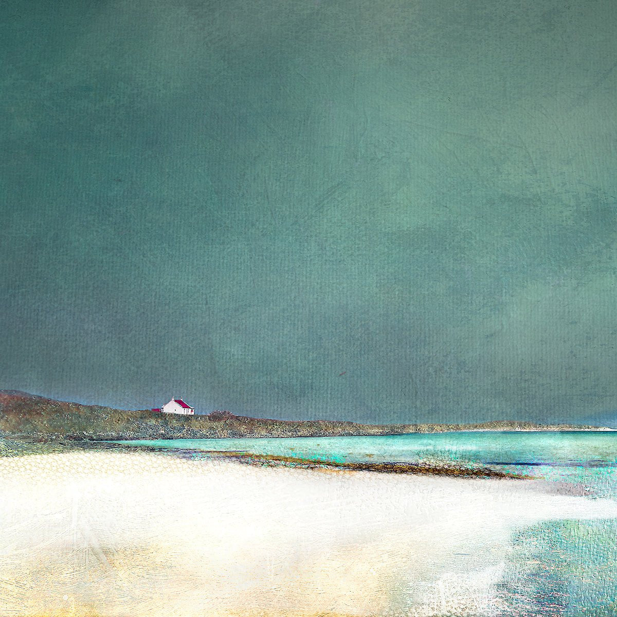 Solitary white house with red roof on hill in teal sky, Red Croft Barra print by Cath Waters