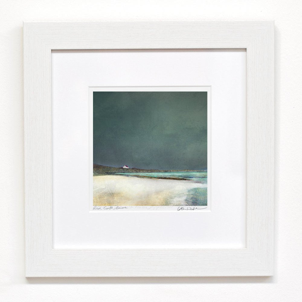 White framed watercolor of Red Croft Barra coastal scene by Cath Waters