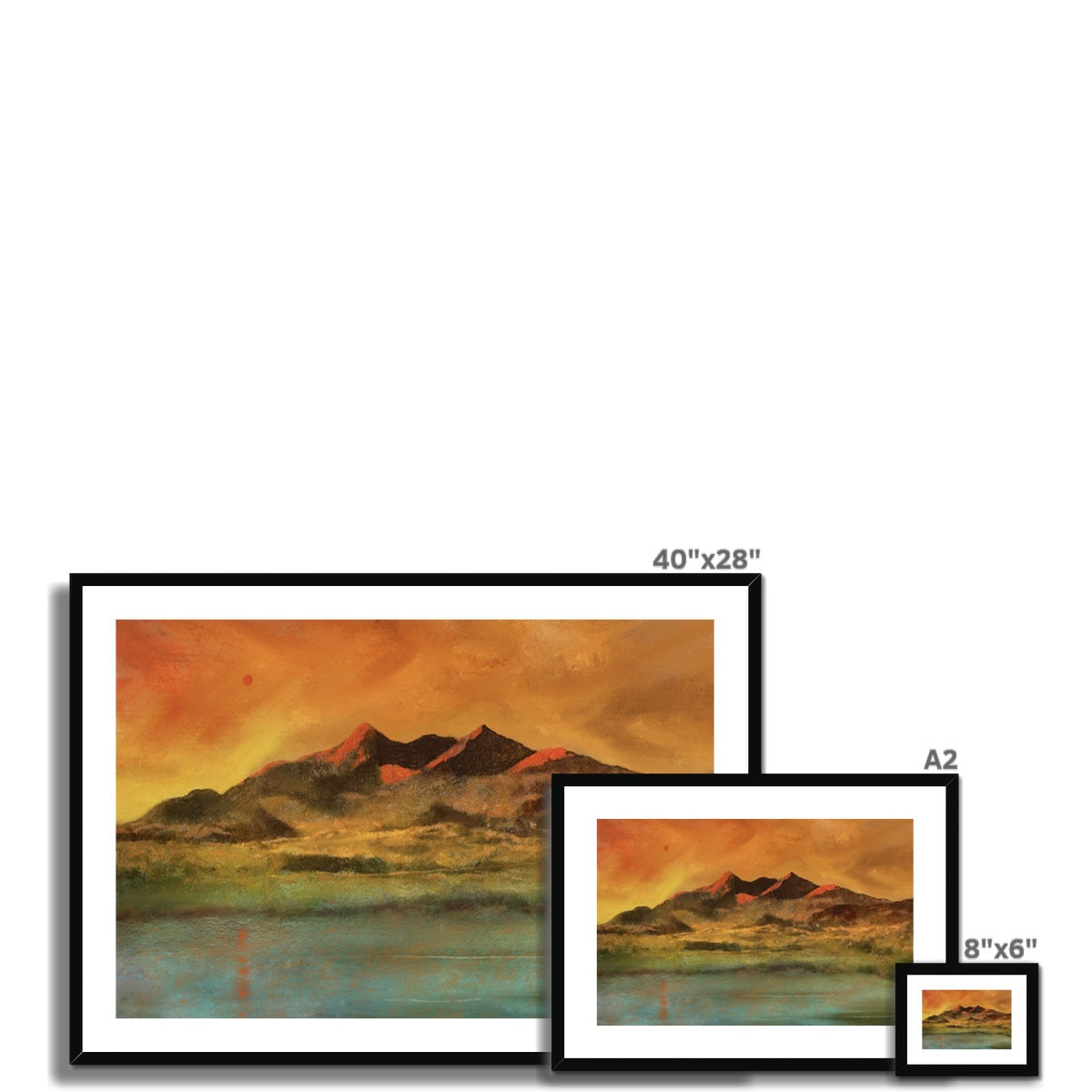Red Moon Cuillin 40x28 framed mountain print in orange red hues black frame