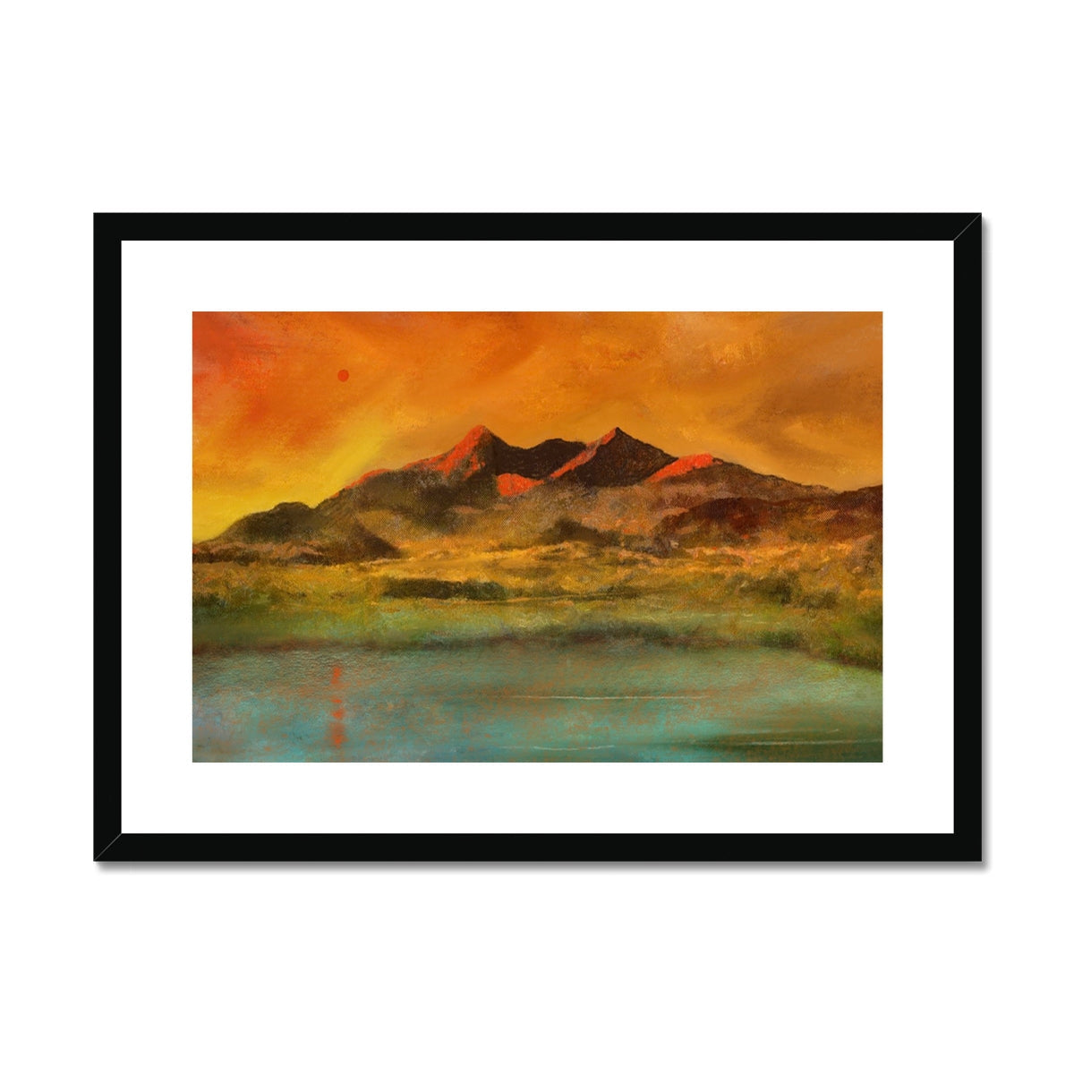 Framed Red Moon Cuillin mountain landscape art print in vibrant orange and red hues with black frame