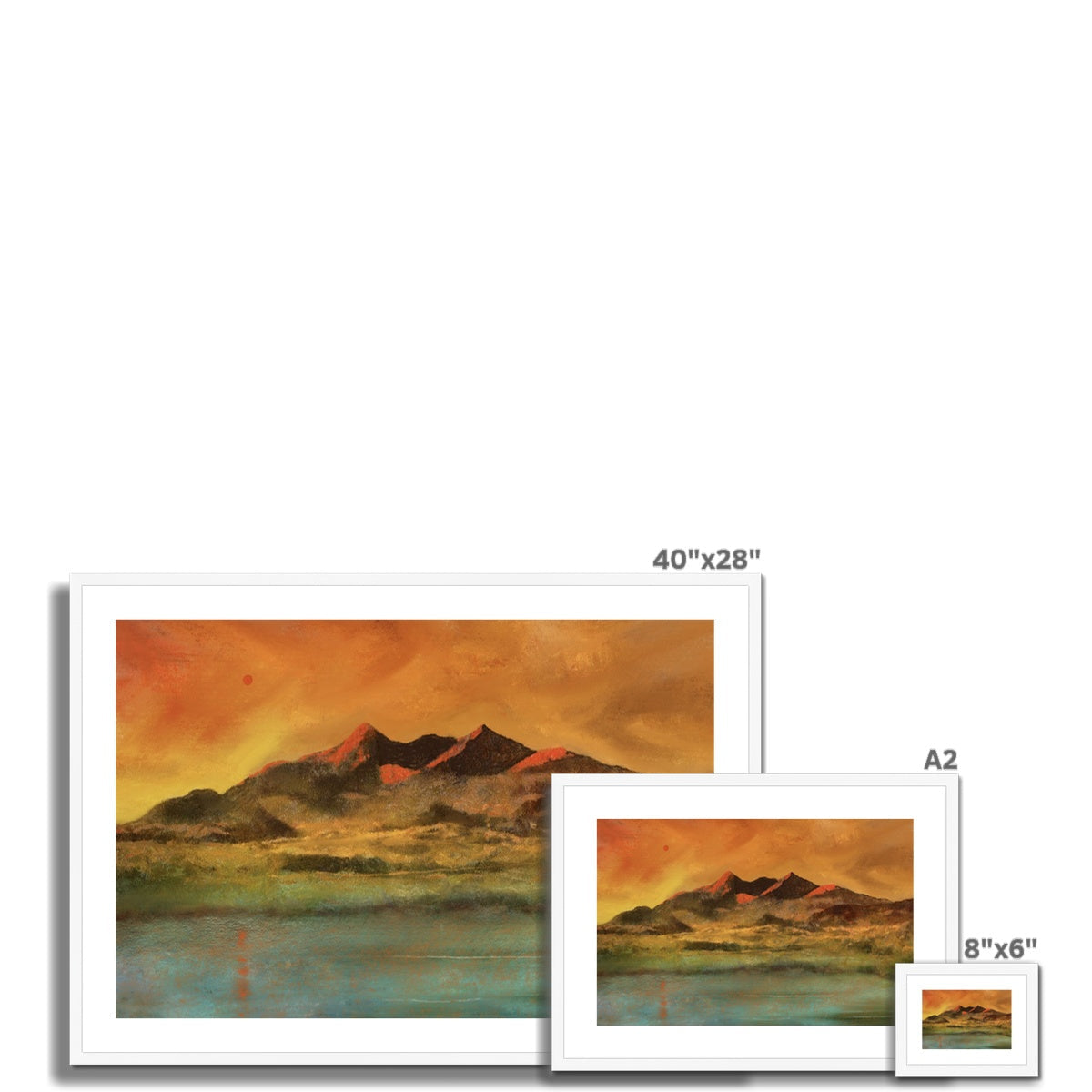 40x28 inch framed mountain landscape painting in vibrant orange and yellow hues with white frame from Red Moon Cuillin Art Prints