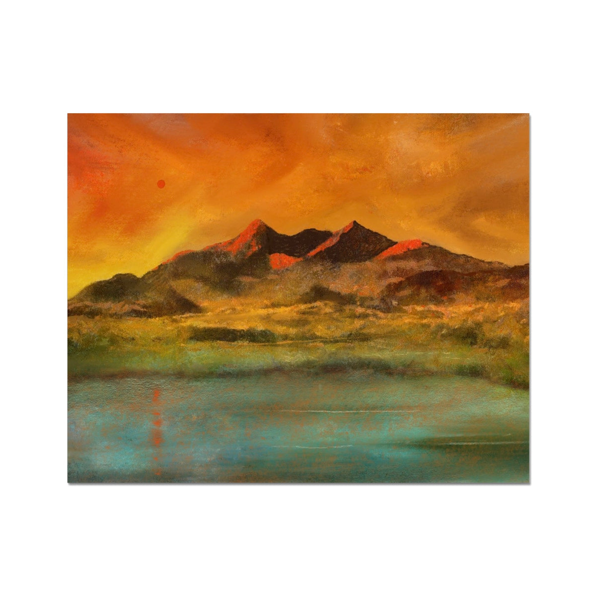 Red Moon Cuillin canvas print of vibrant orange-red mountain landscape with reflective water