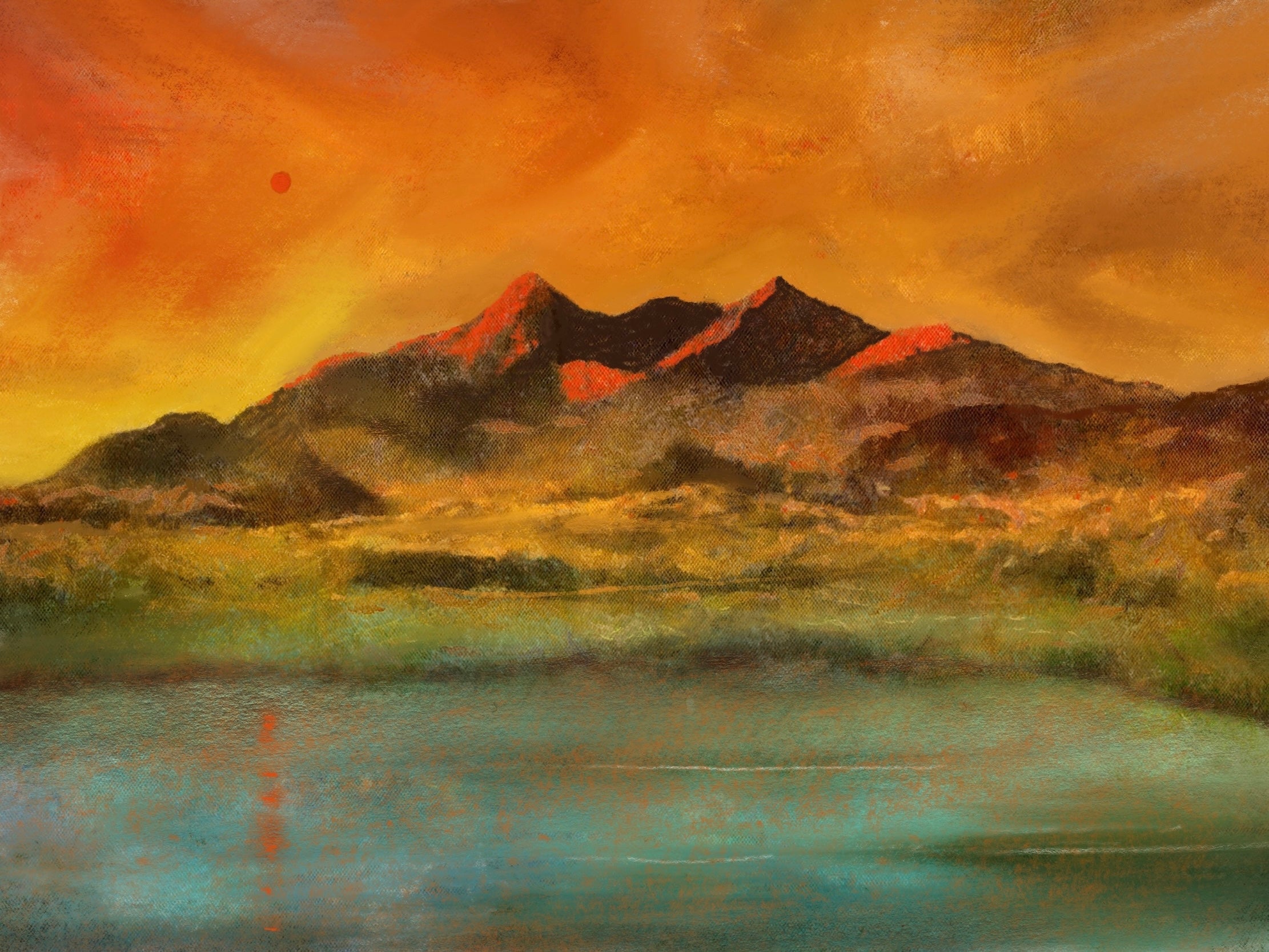 Vibrant impressionist Red Moon Cuillin Original Painting of mountain landscape at sunset