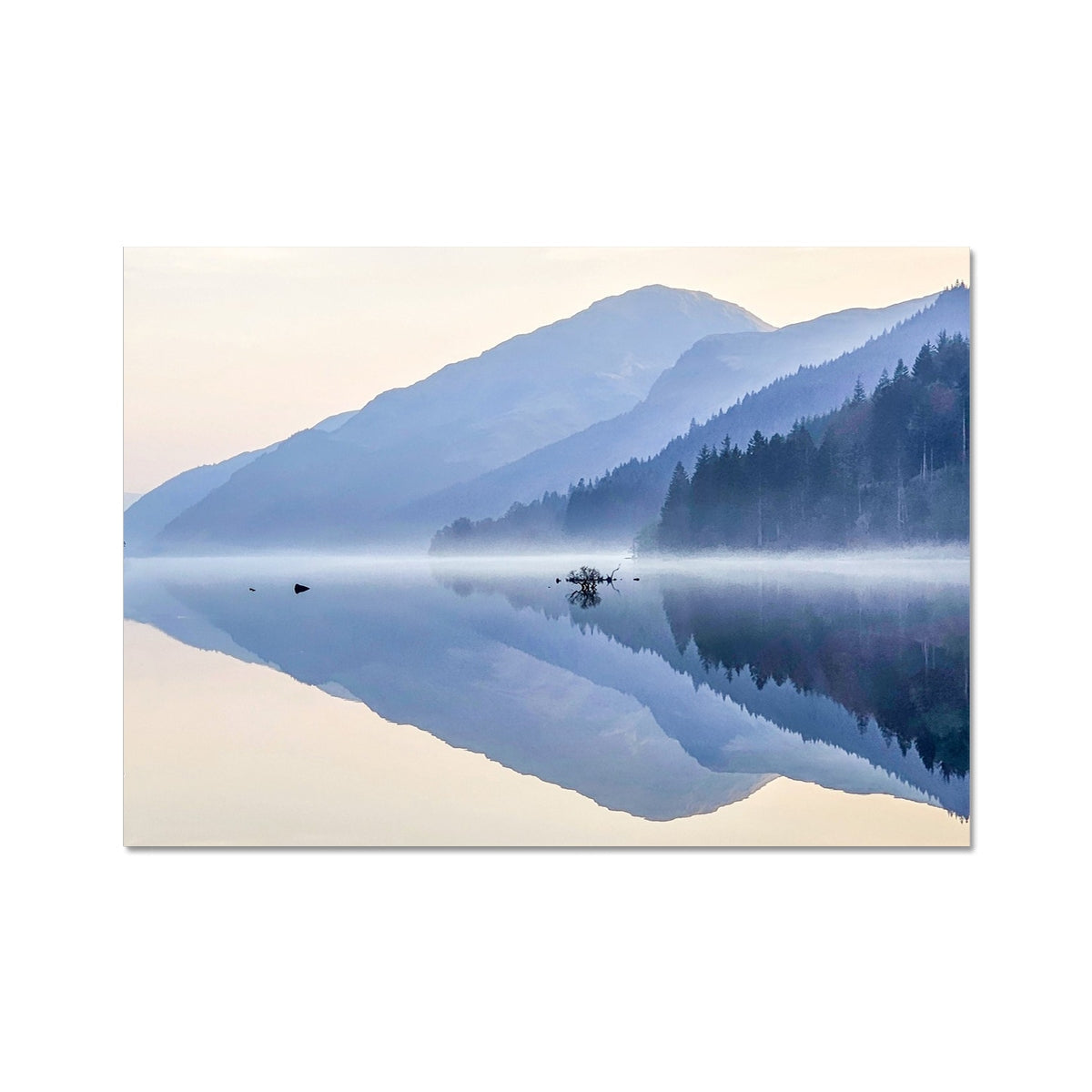 Serene misty peaks and lake reflection in Loch Eck fine art print