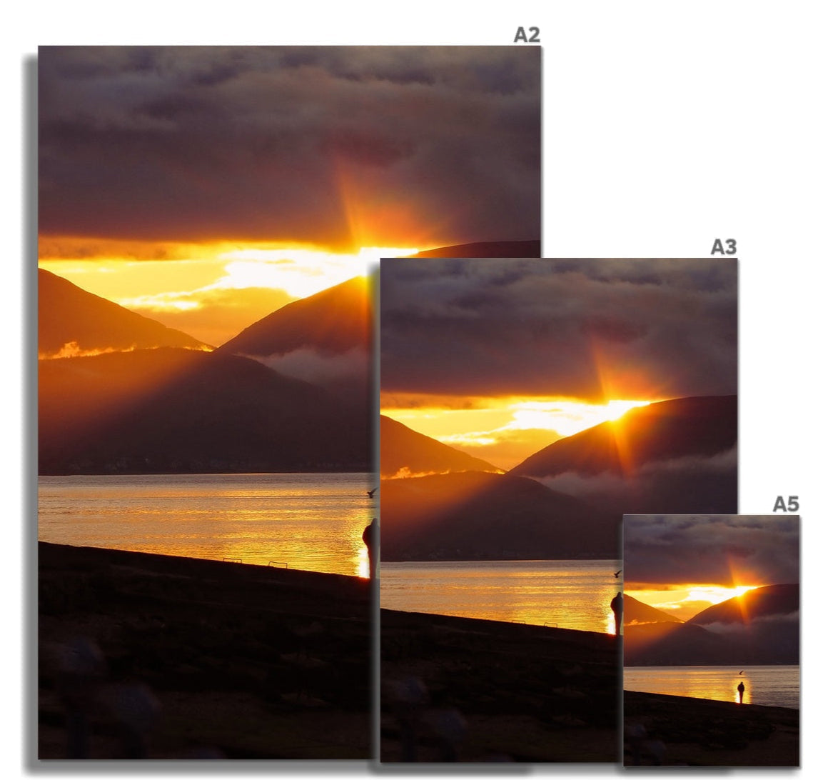 Golden sunset over mountains reflected in calm water fine art print