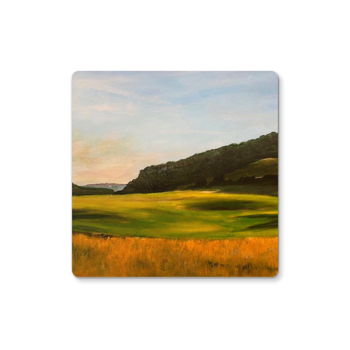 Renaissance Golf Club square coaster with painted golden fields and green hills