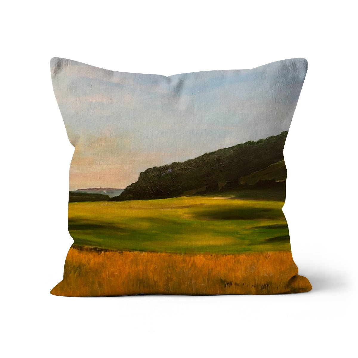 Renaissance Golf Club square throw pillow with painted green hills and golden fields