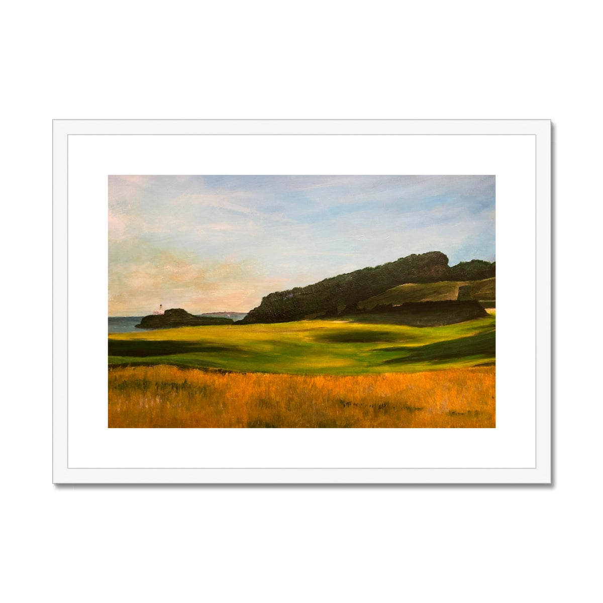 Gold and green Renaissance Golf Club wall art in white frame