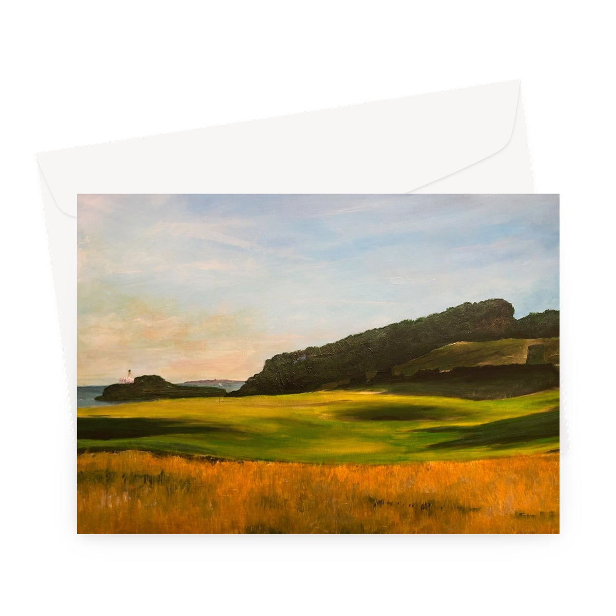 Renaissance Golf Club greeting card with golden fields, hills, lighthouse