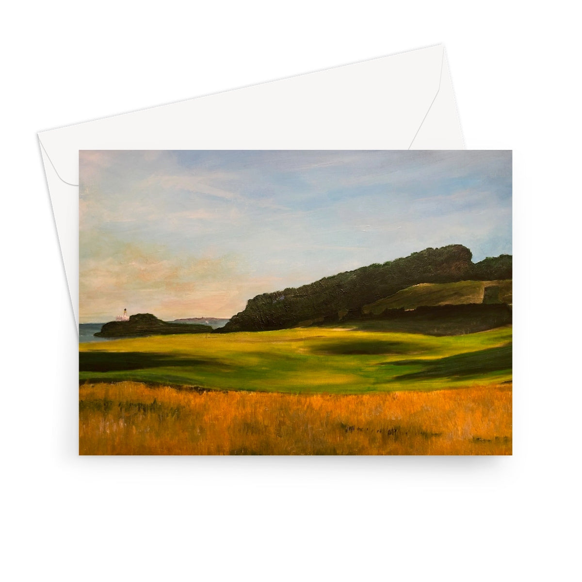Renaissance Golf Club greeting card with golden fields, green hills, lighthouse