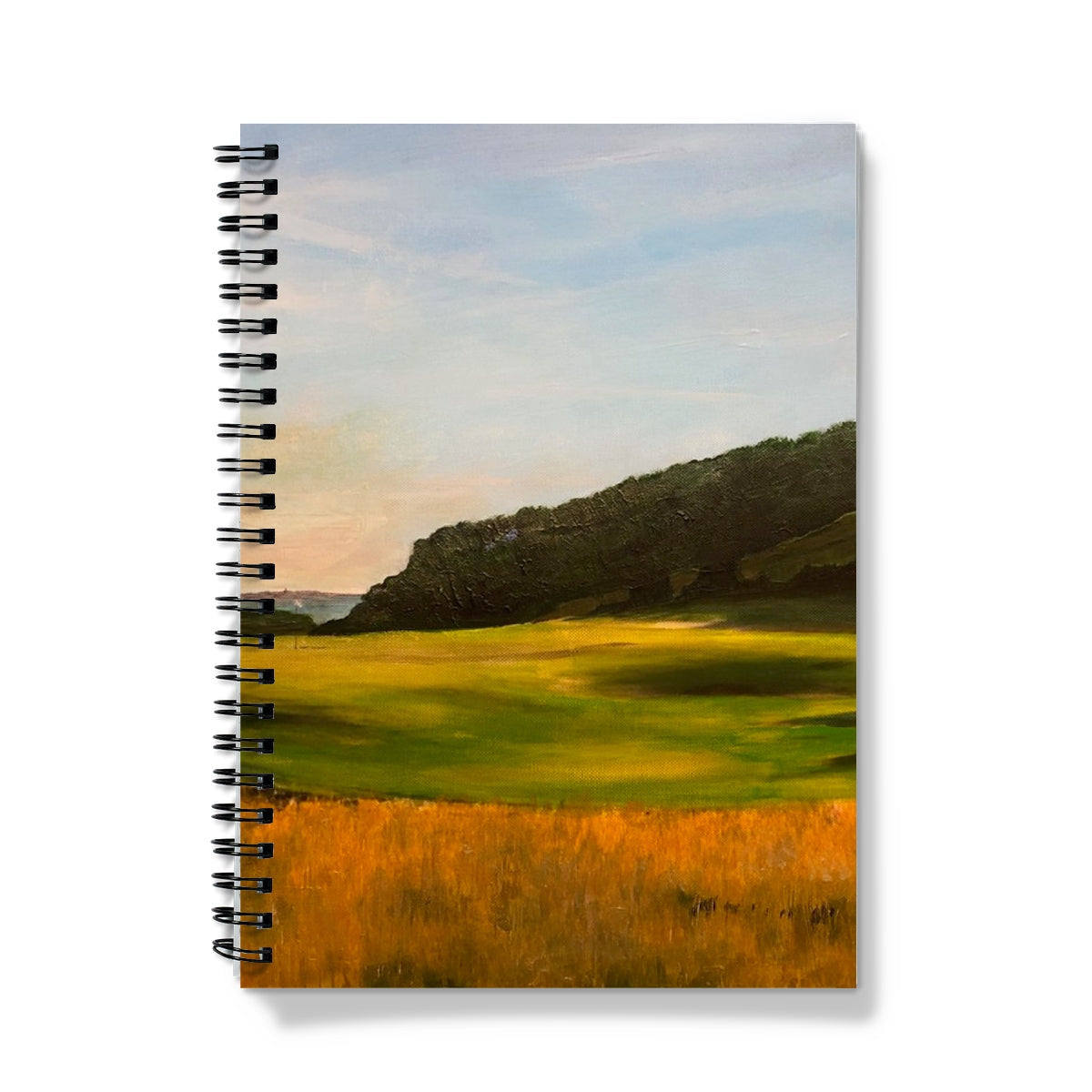 Renaissance Golf Club notebook with painted landscape cover of golden fields, green hills, and blue sky