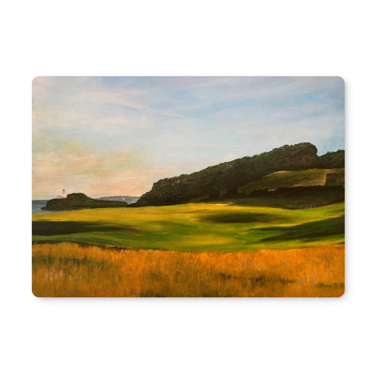 Serene coastal landscape placemat with hills, grasses, lighthouse