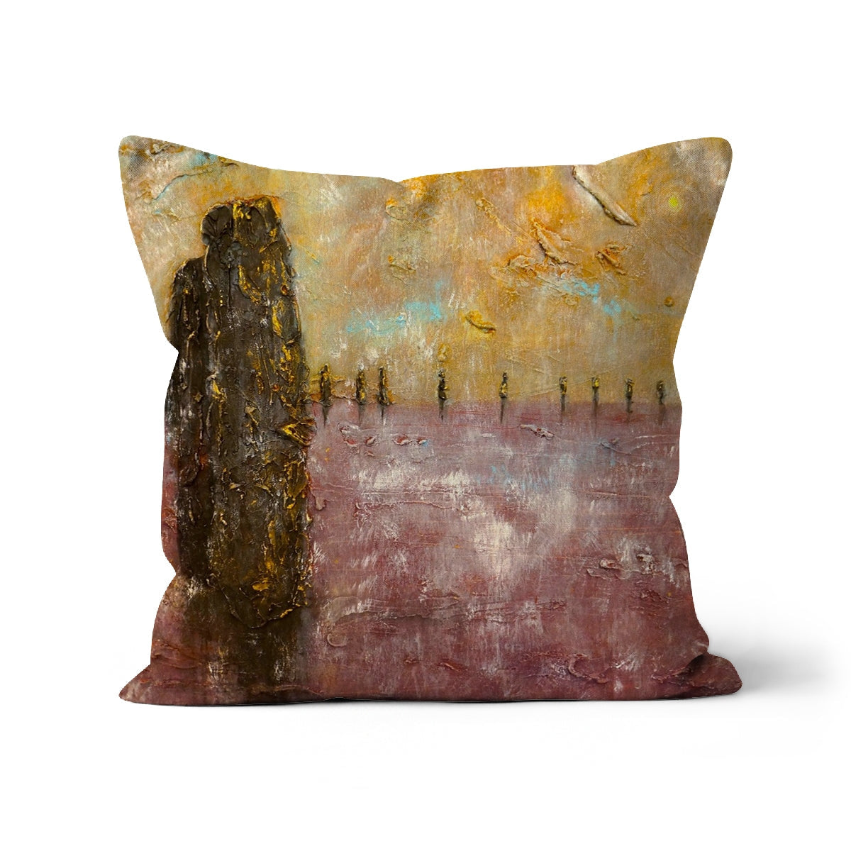 1970s-inspired Ring Of Brodgar Mist Cushion in earthy brown-gold tones