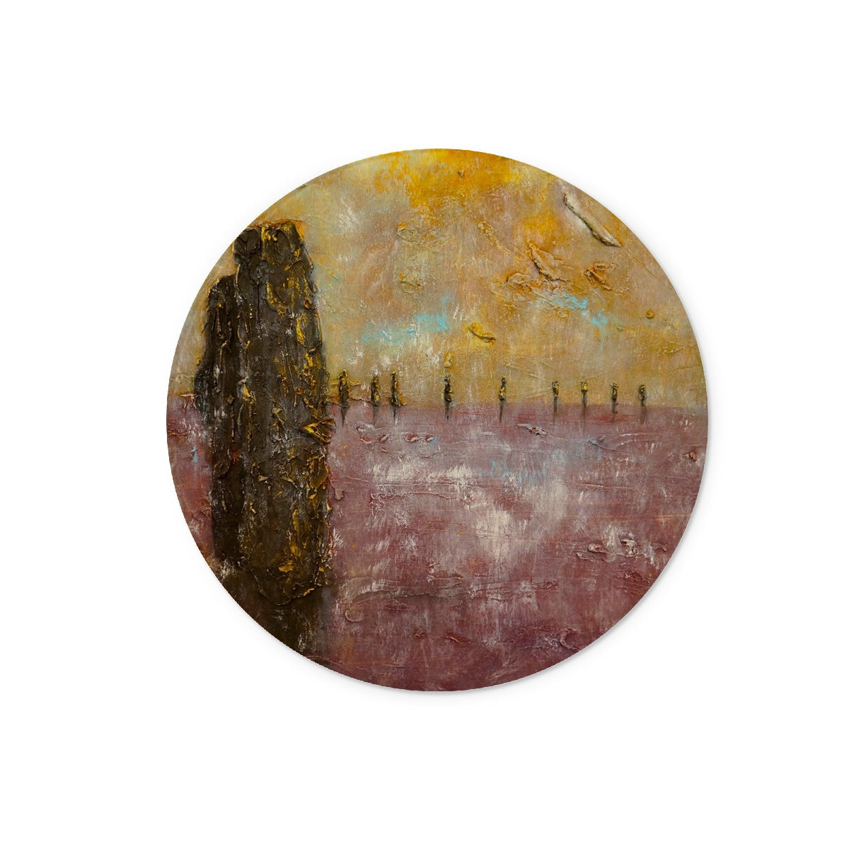 Round abstract art coaster in Ring Of Brodgar Mist, textured earth tones