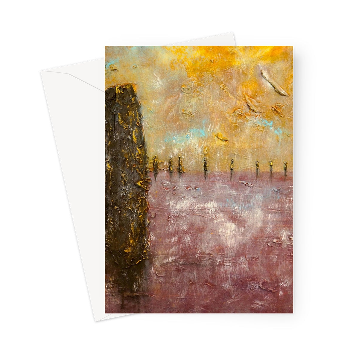 Ring of Brodgar Mist greeting card with textured abstract tower silhouette