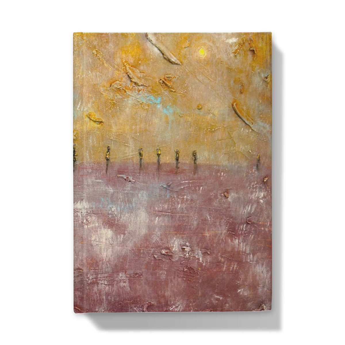 Gold textured abstract painting with purple pink hues on Ring Of Brodgar Mist journal
