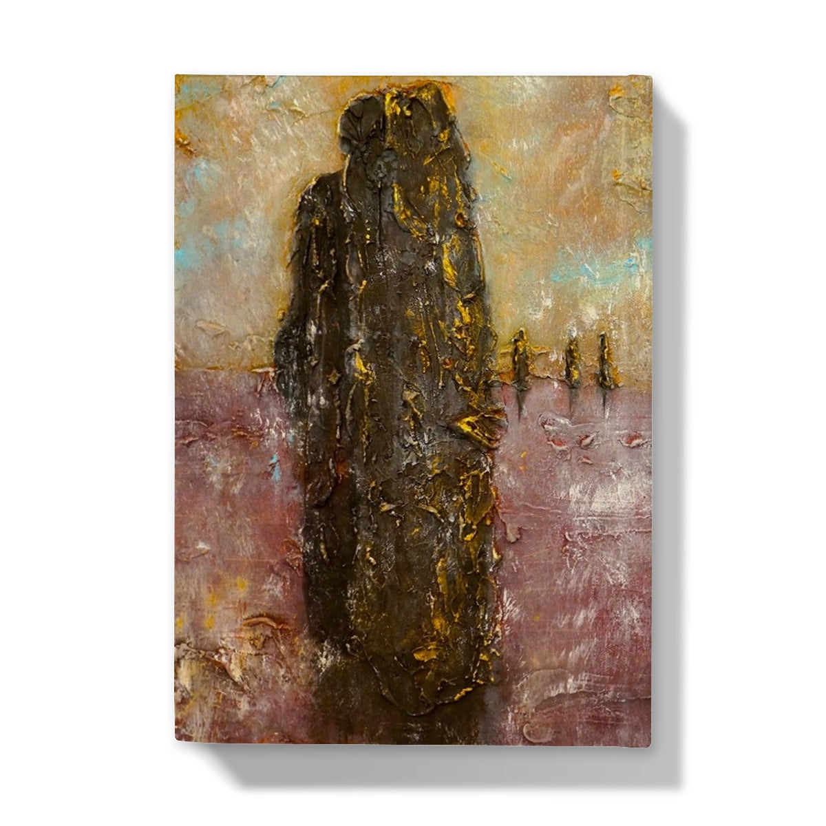 Ring of Brodgar Mist journal with black abstract textured painting and gold accents on pinkish-purple background