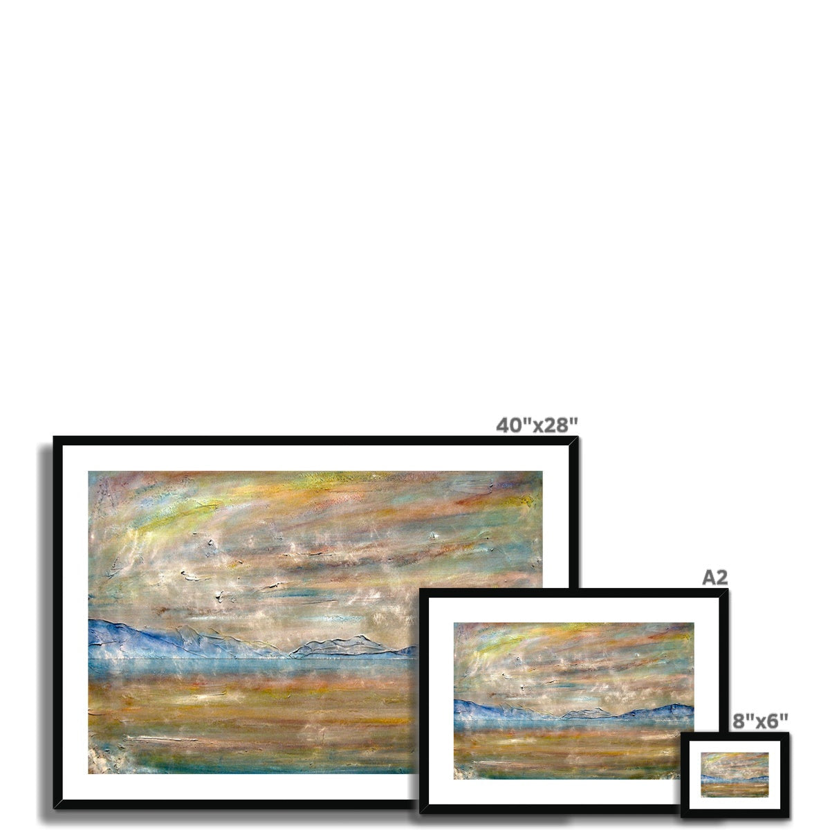 River Clyde Mist abstract art print in black frame with textured blue green hues