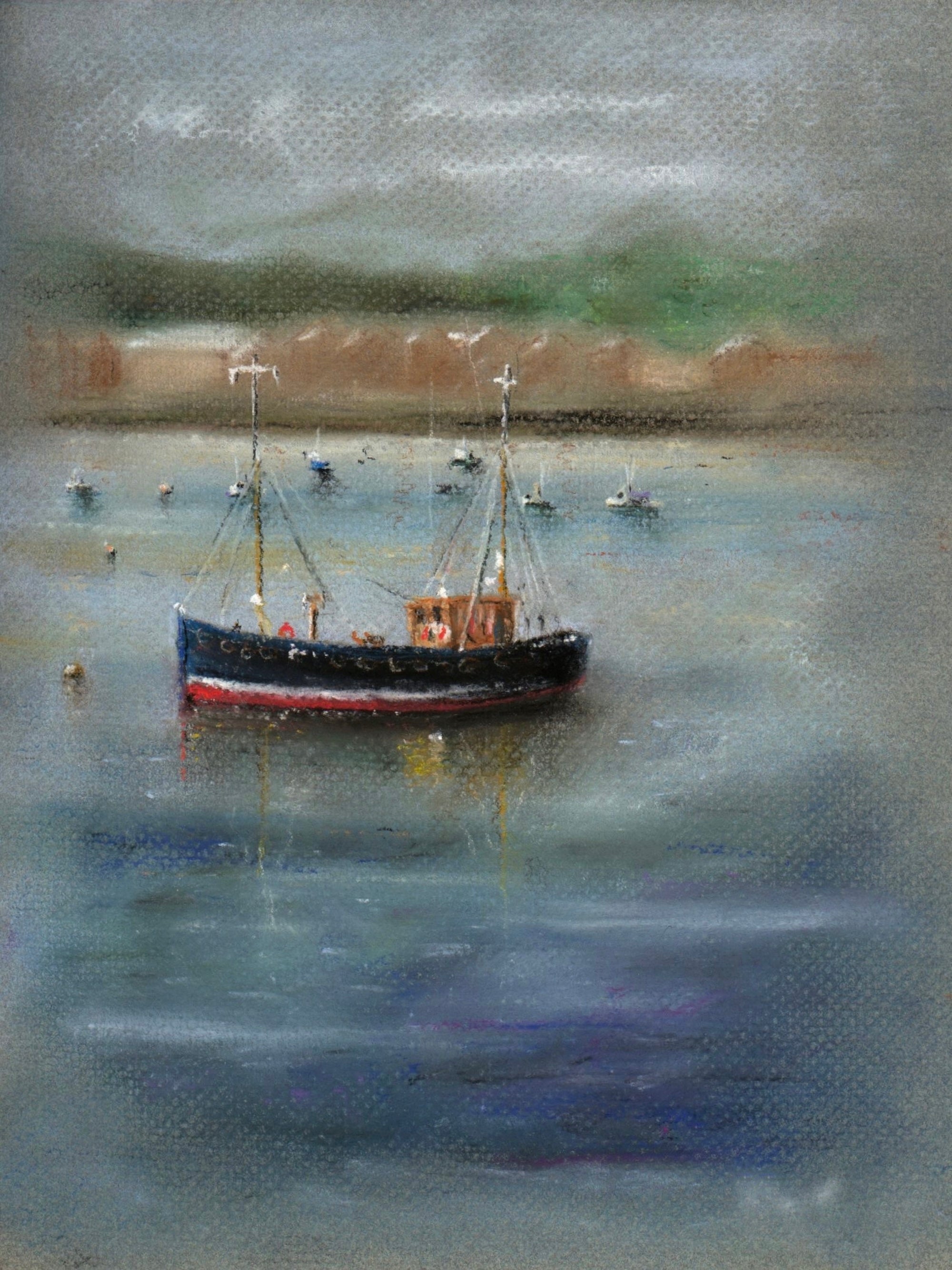 Dark-hulled fishing boat with a red stripe in the River Clyde Tug ii Original Painting