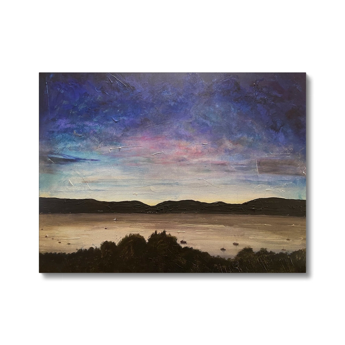 Oil painting of a twilight landscape with lake and mountains on River Clyde Twilight Canvas