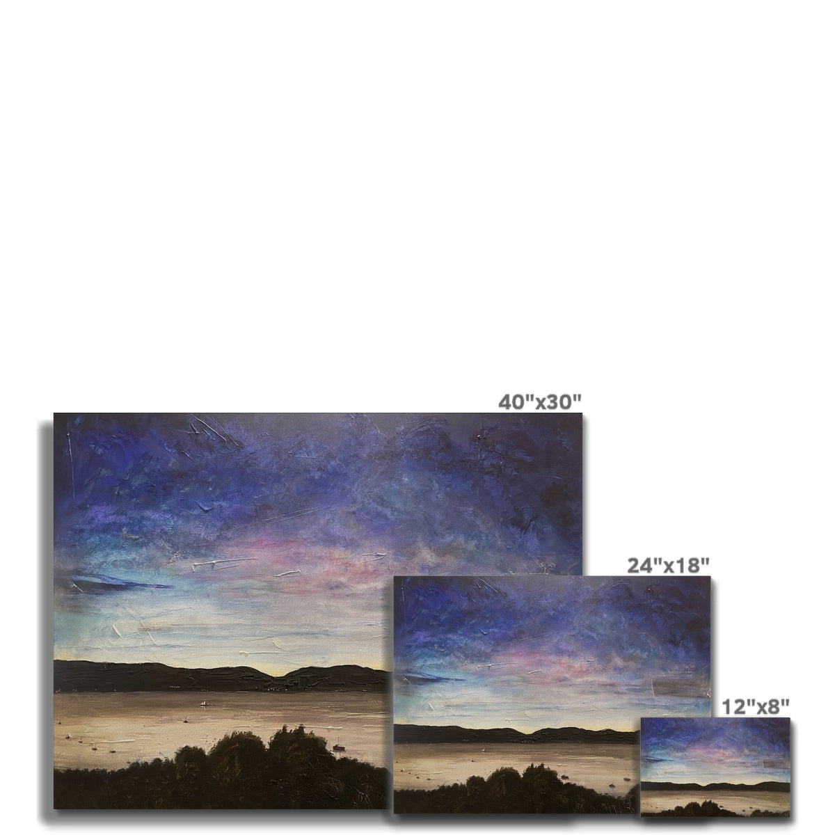 Three landscape paintings titled River Clyde Twilight Canvas featuring dark blue and pink skies over water