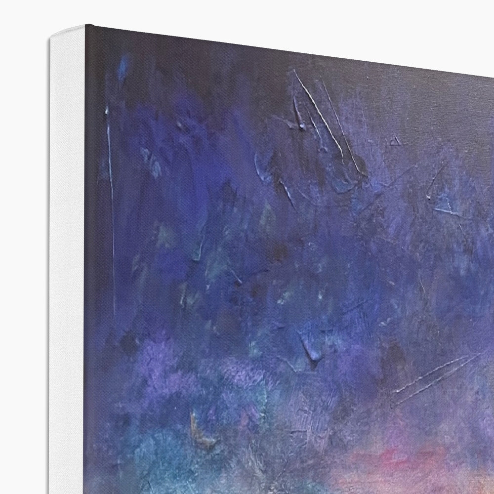 Textured abstract painting on canvas featuring dark blue, purple, and pink hues in the River Clyde Twilight Canvas