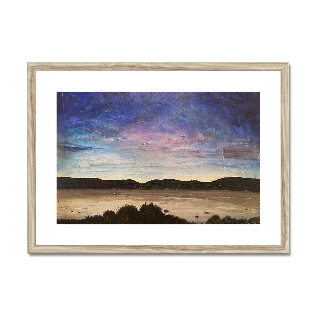 River Clyde Twilight framed print showcasing a sunset over a mountain lake with vibrant clouds