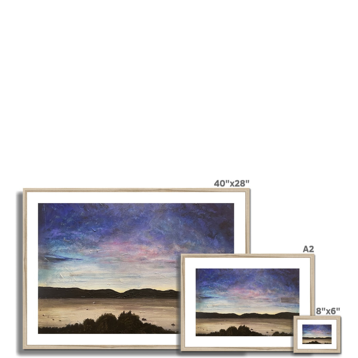 Three framed landscape paintings of varying sizes displayed with the River Clyde Twilight print