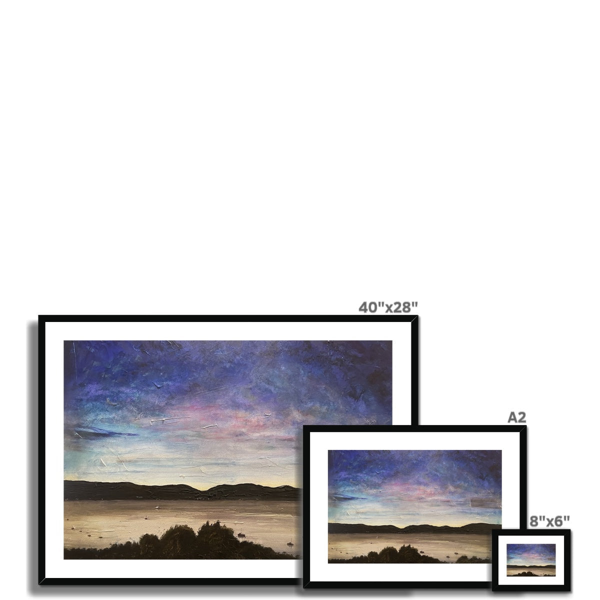 Three framed landscape paintings of varying sizes from River Clyde Twilight print display