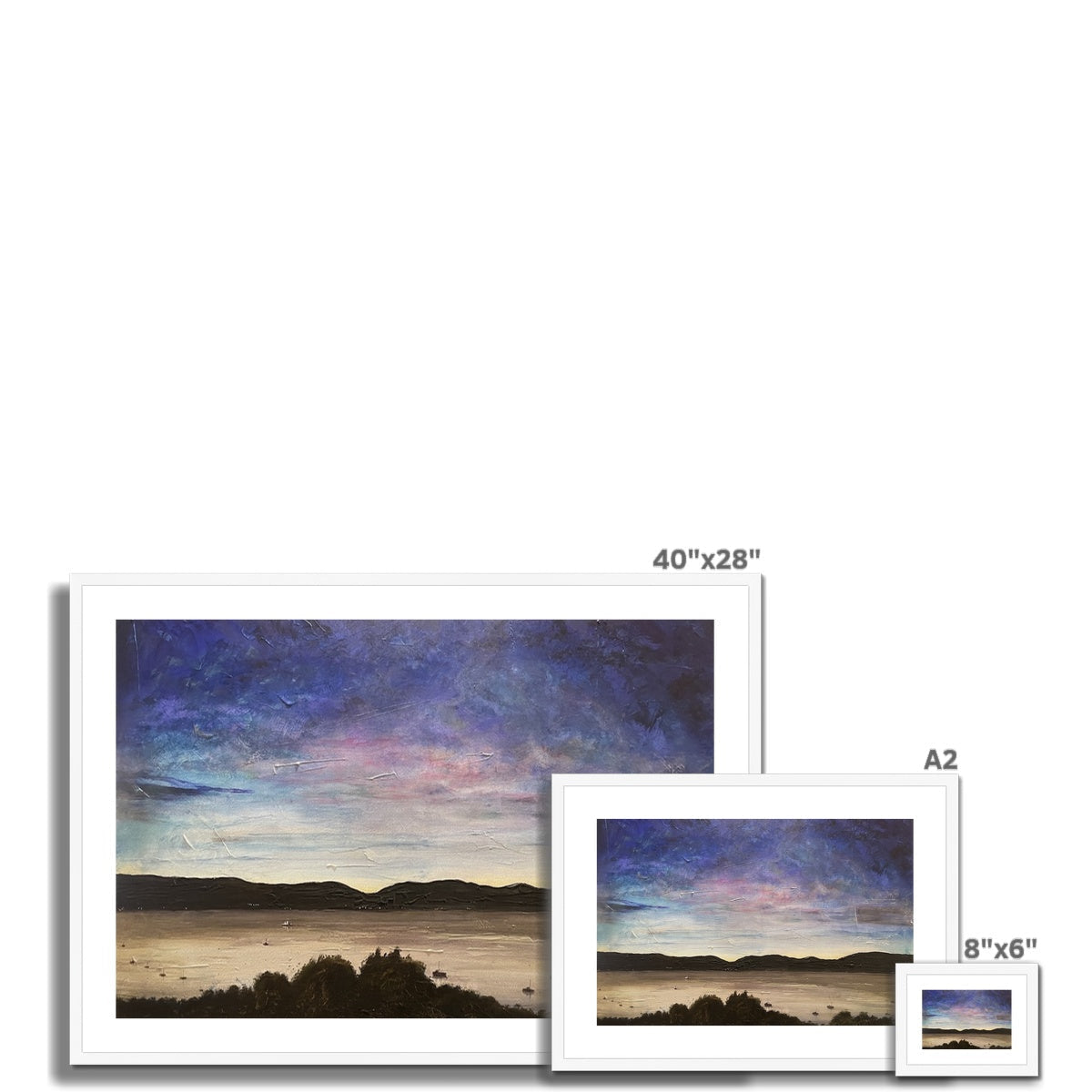 Three framed landscape paintings of sunset over hills on River Clyde Twilight print