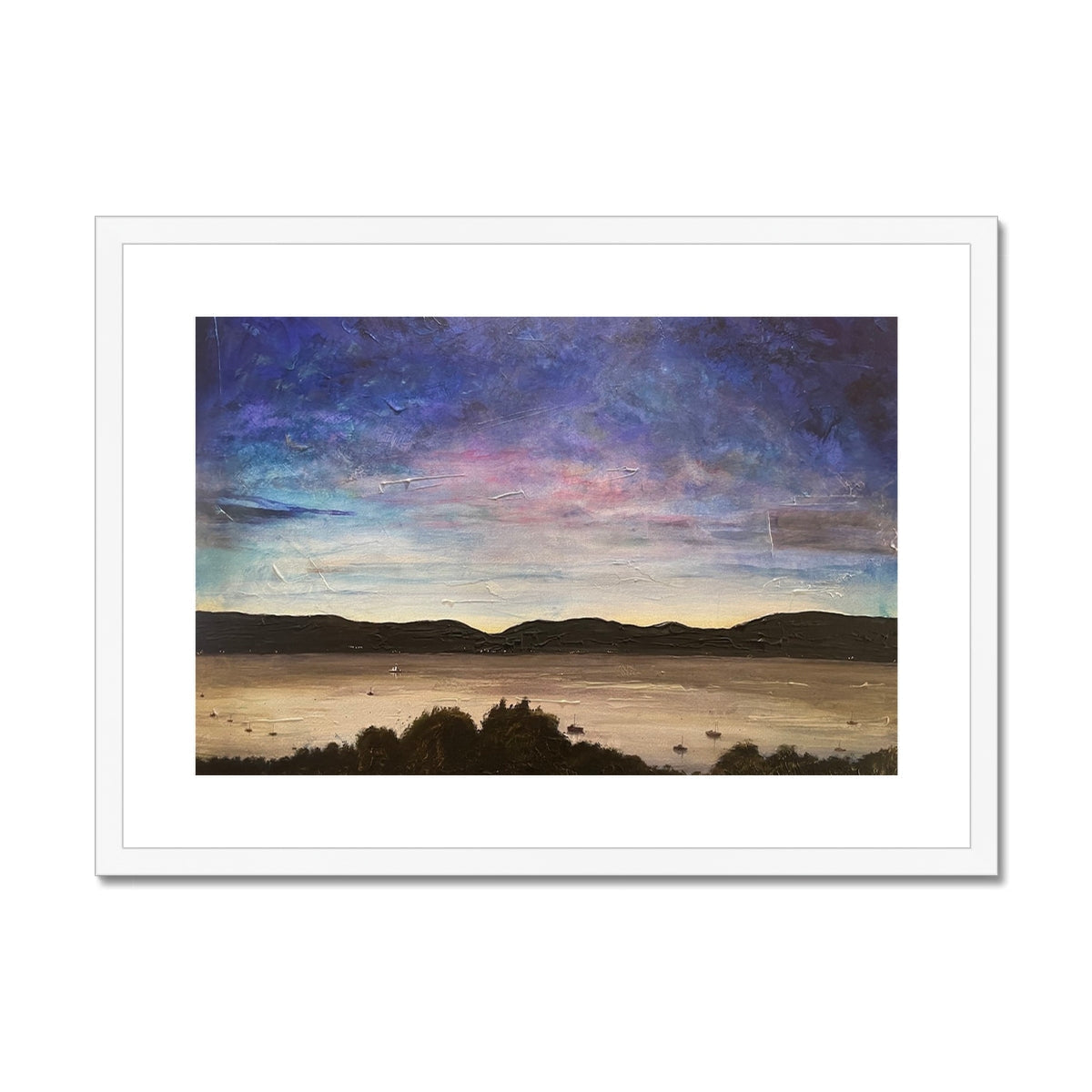 Framed River Clyde Twilight print depicting a serene landscape with colorful sky and water