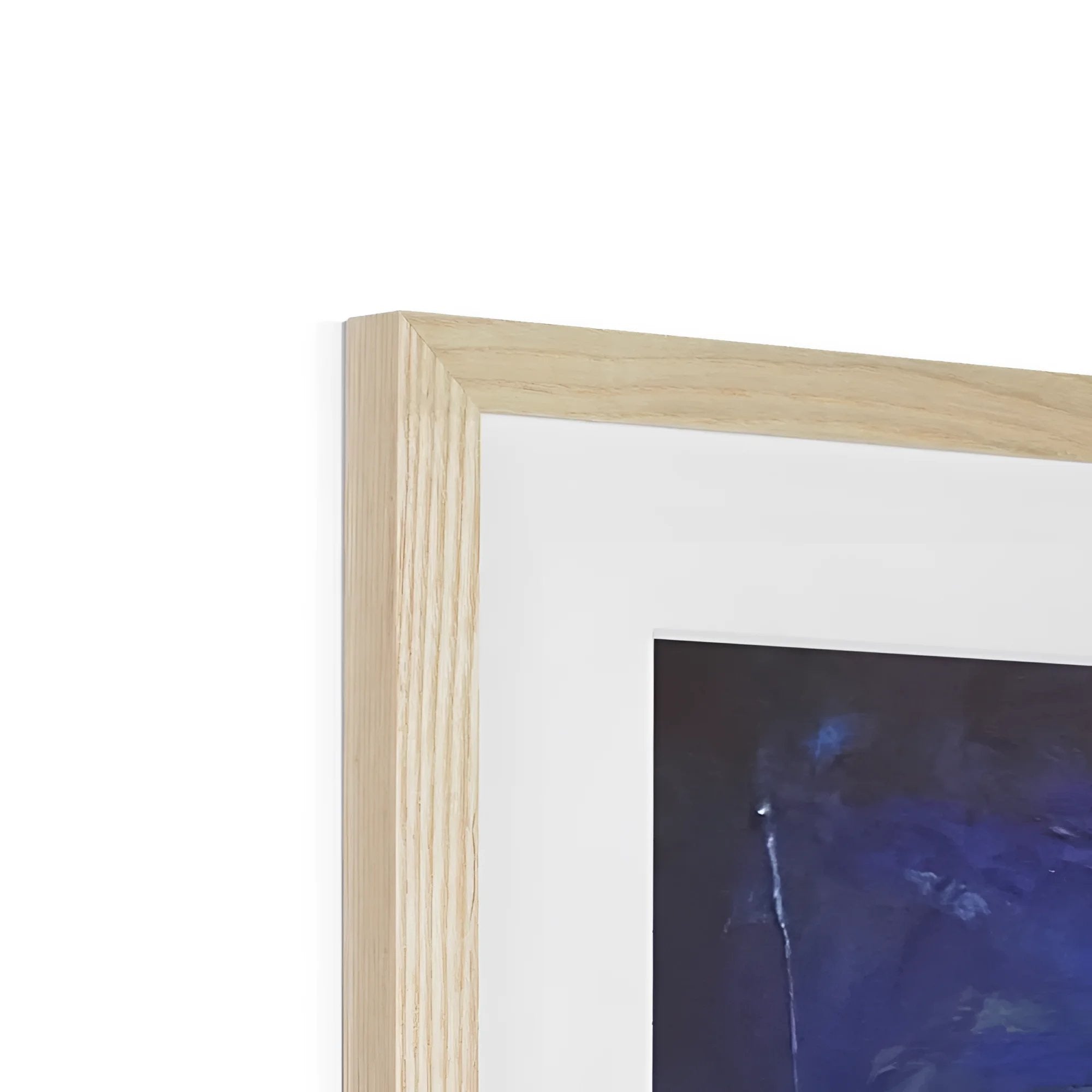 Light wood-framed artwork with white mat and dark blue abstract painting for River Clyde Twilight print