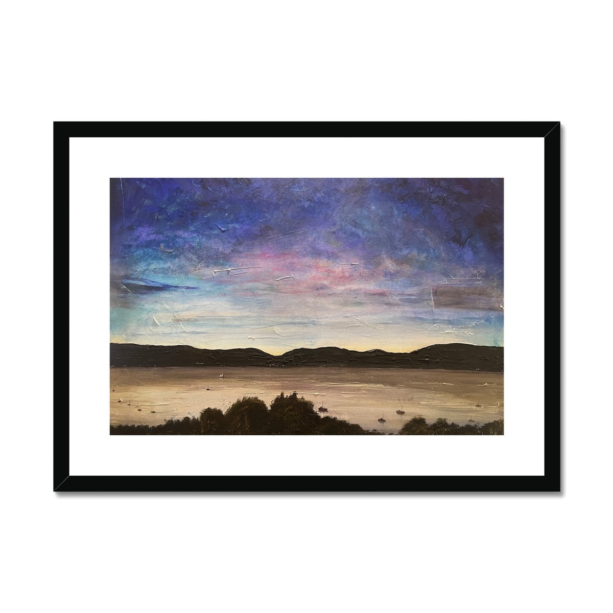 Framed River Clyde Twilight landscape print with vibrant sky and mounted display