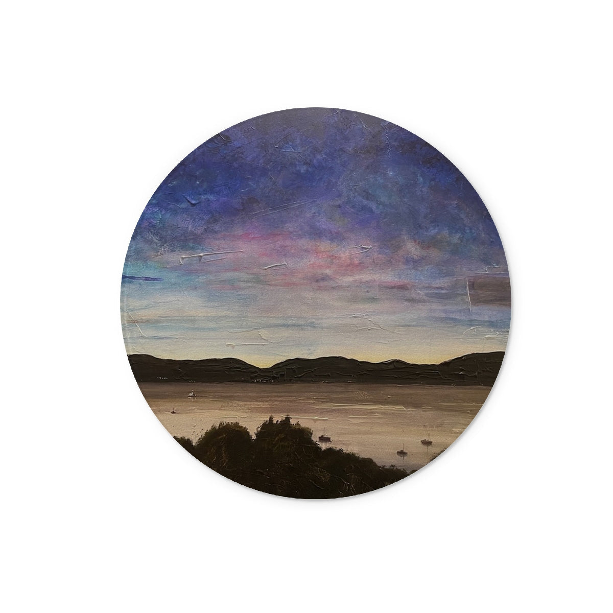 Circular landscape painting of Twilight Lake scene with mountains and colorful sky for River Clyde Twilight Glass Chopping Board