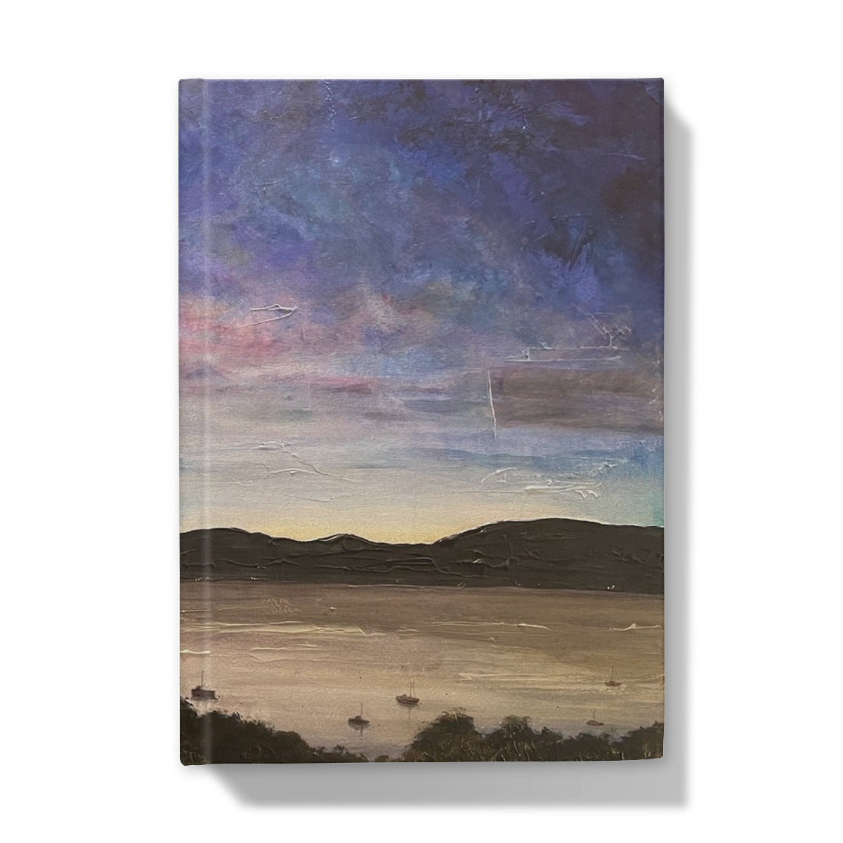 Painting of a mountainous coastal landscape at sunset with boats on water for River Clyde Twilight Hardback Journal