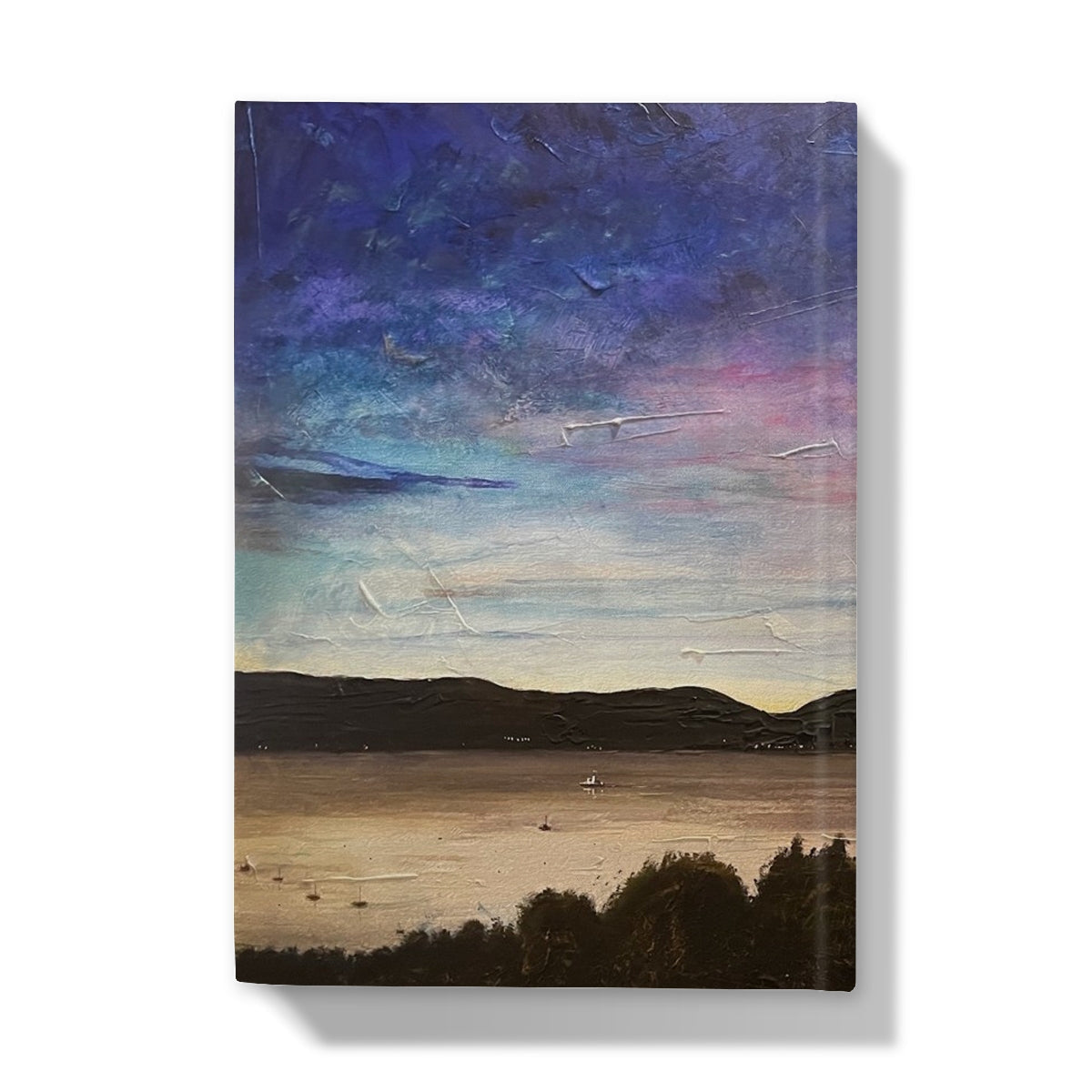 Textured landscape painting of a lake and mountains under a colorful sky on River Clyde Twilight Hardback Journal