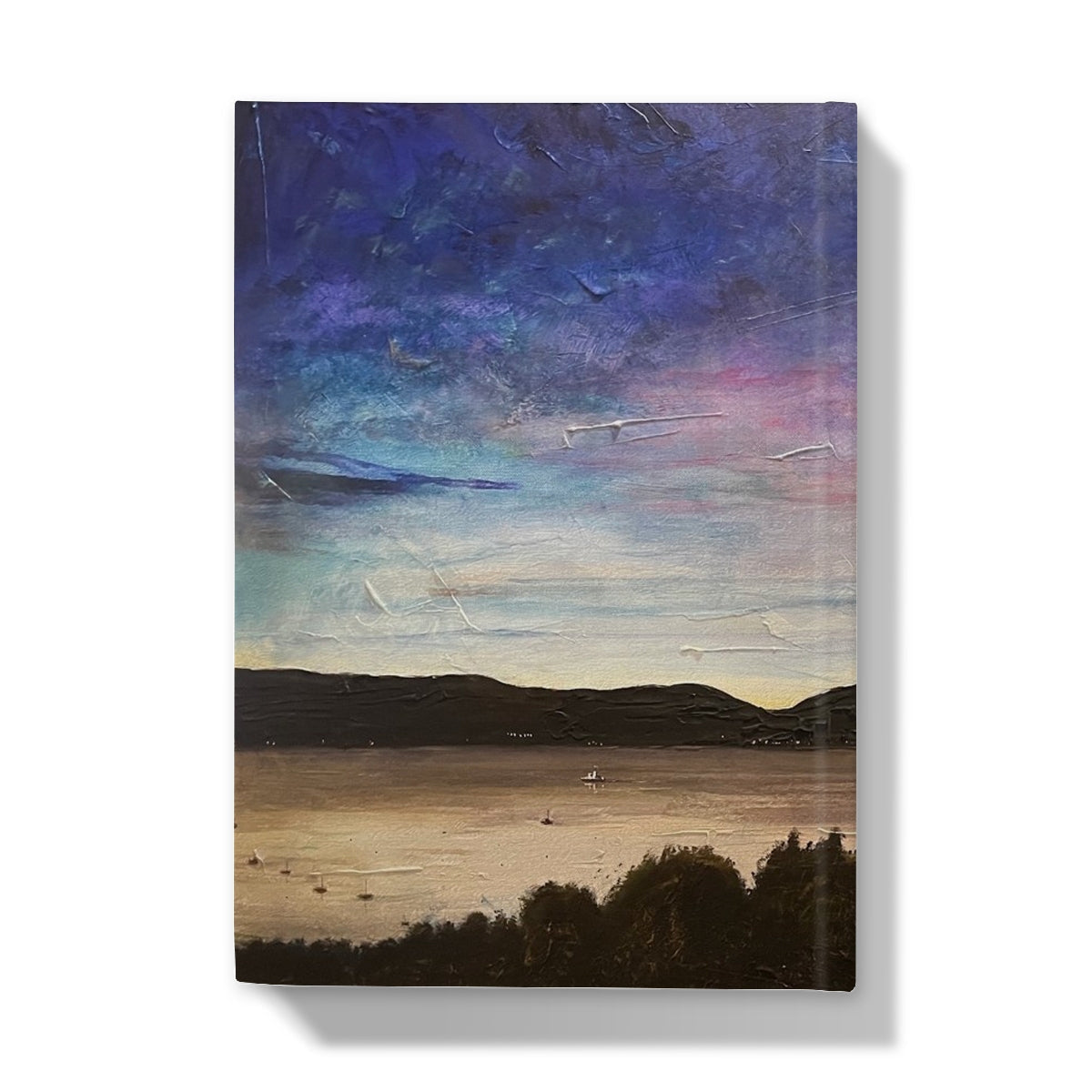 Textured twilight landscape painting of a lake and mountains on River Clyde Twilight Hardback Journal