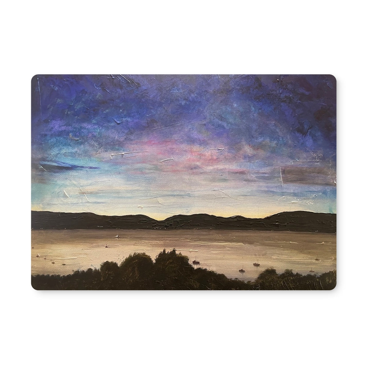 River Clyde Twilight Placemat featuring impressionistic sunset landscape with water and hills
