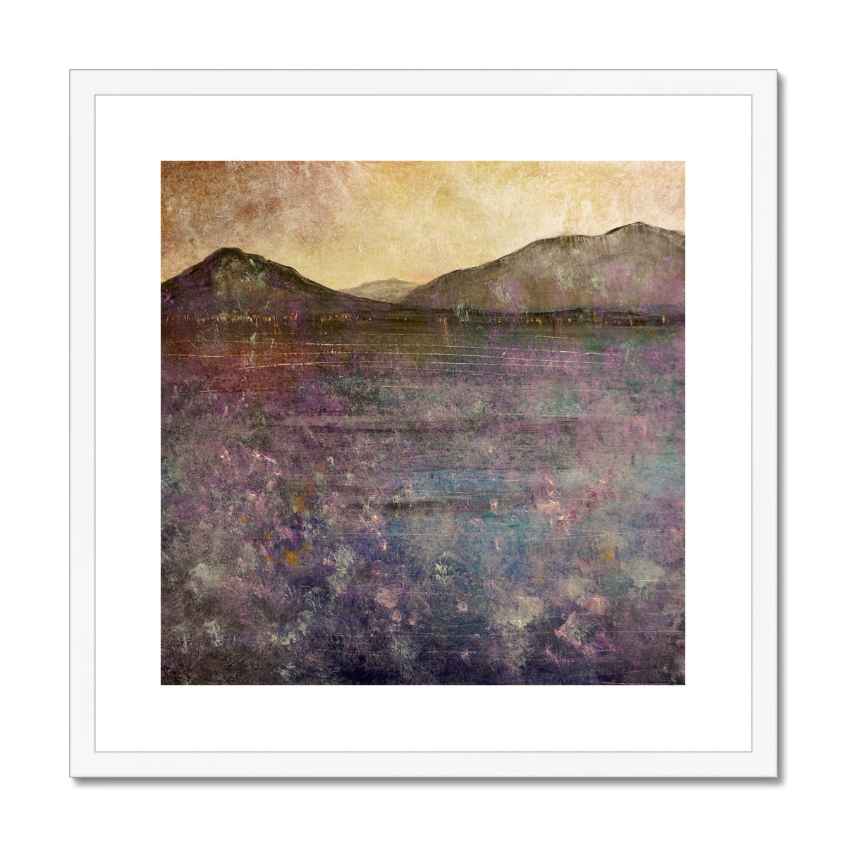 Lavender and teal textured abstract landscape art print, River Clyde Winter Dusk, framed in white