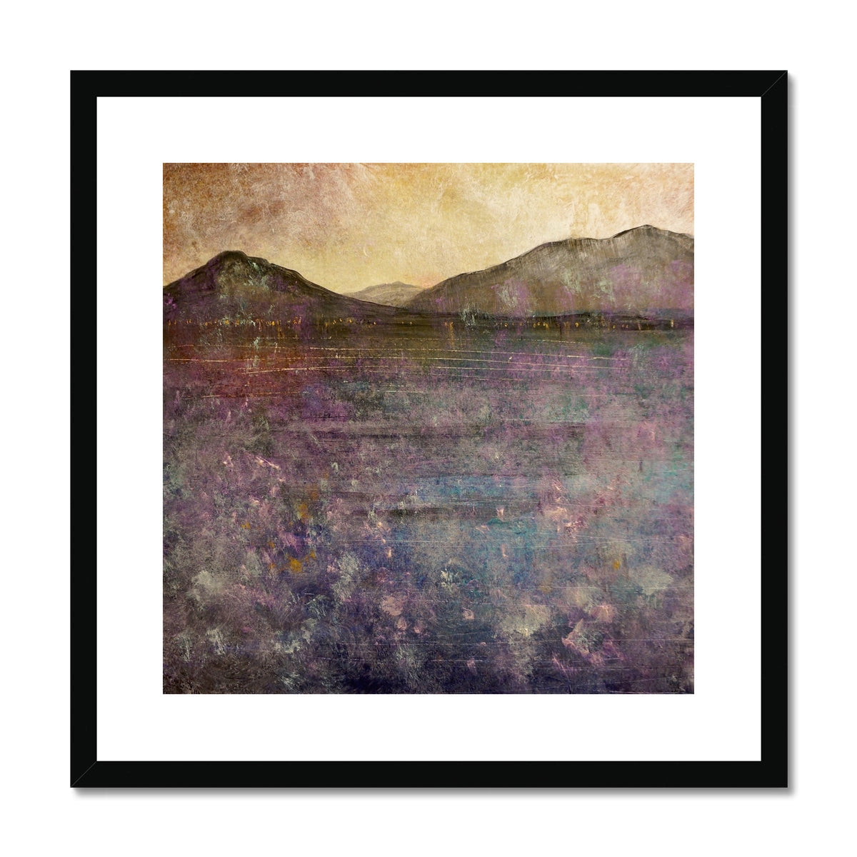 River Clyde Winter Dusk abstract art print in black frame with purple yellow textures