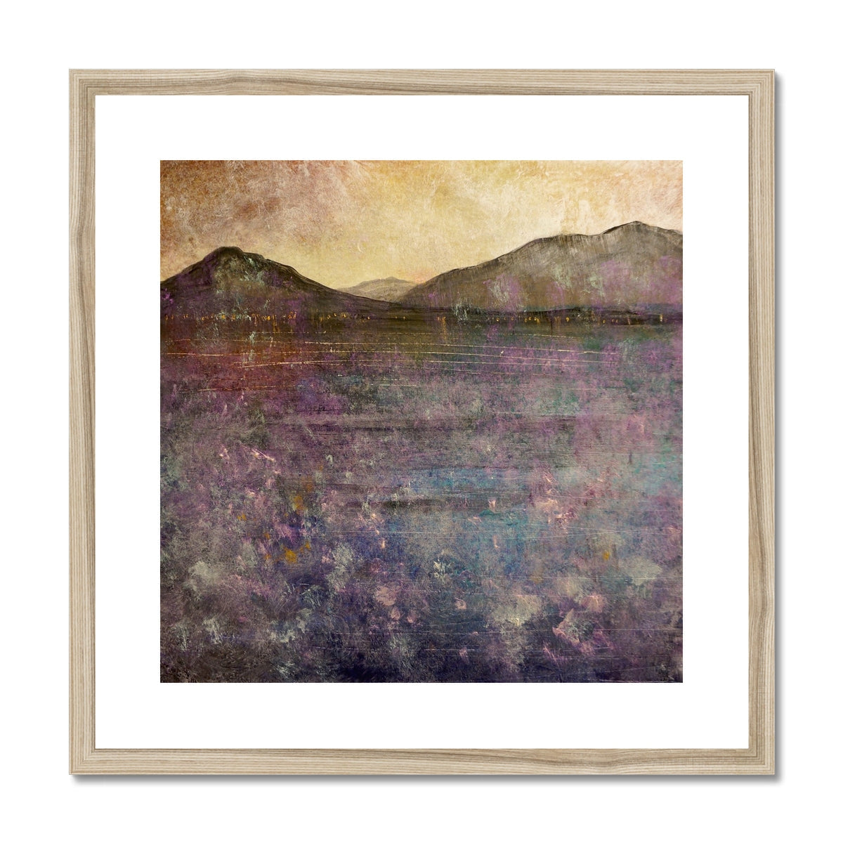 Purple and yellow abstract River Clyde winter dusk landscape in wooden frame
