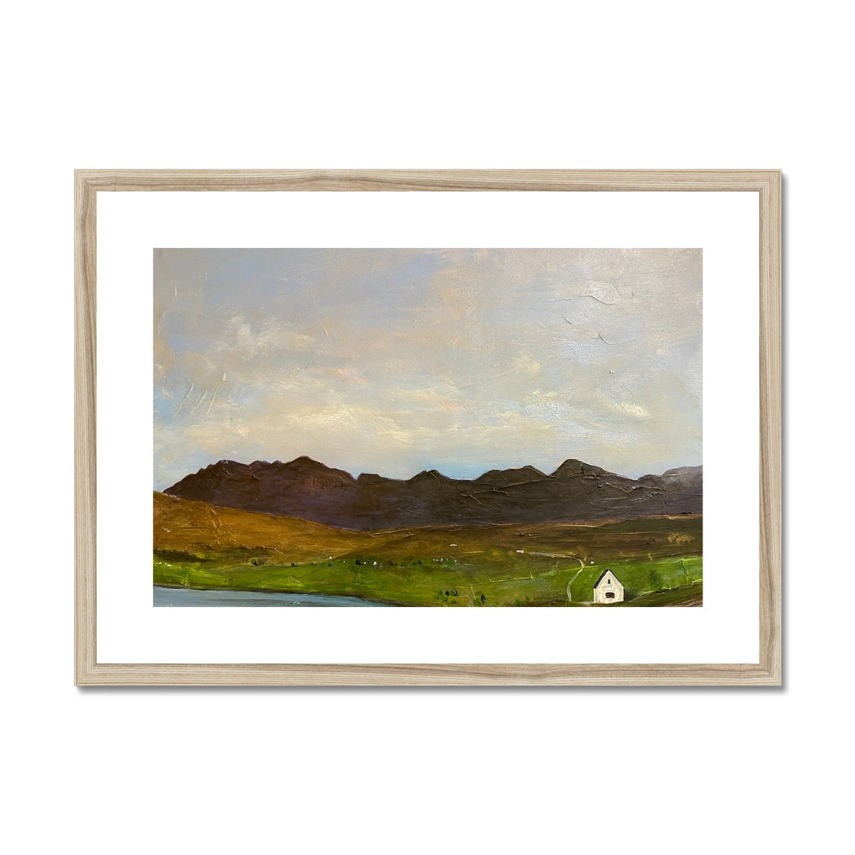 Framed landscape print of white cottage in green fields under mountains, The Road To Carbost