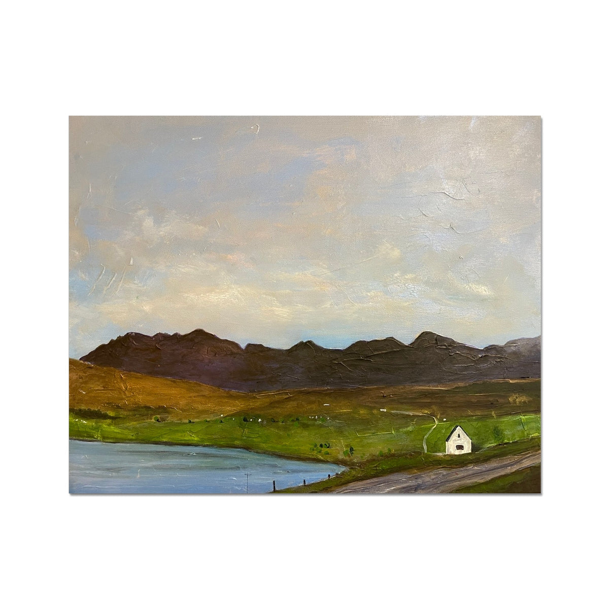 Serene white cottage in green fields by blue water, The Road To Carbost print
