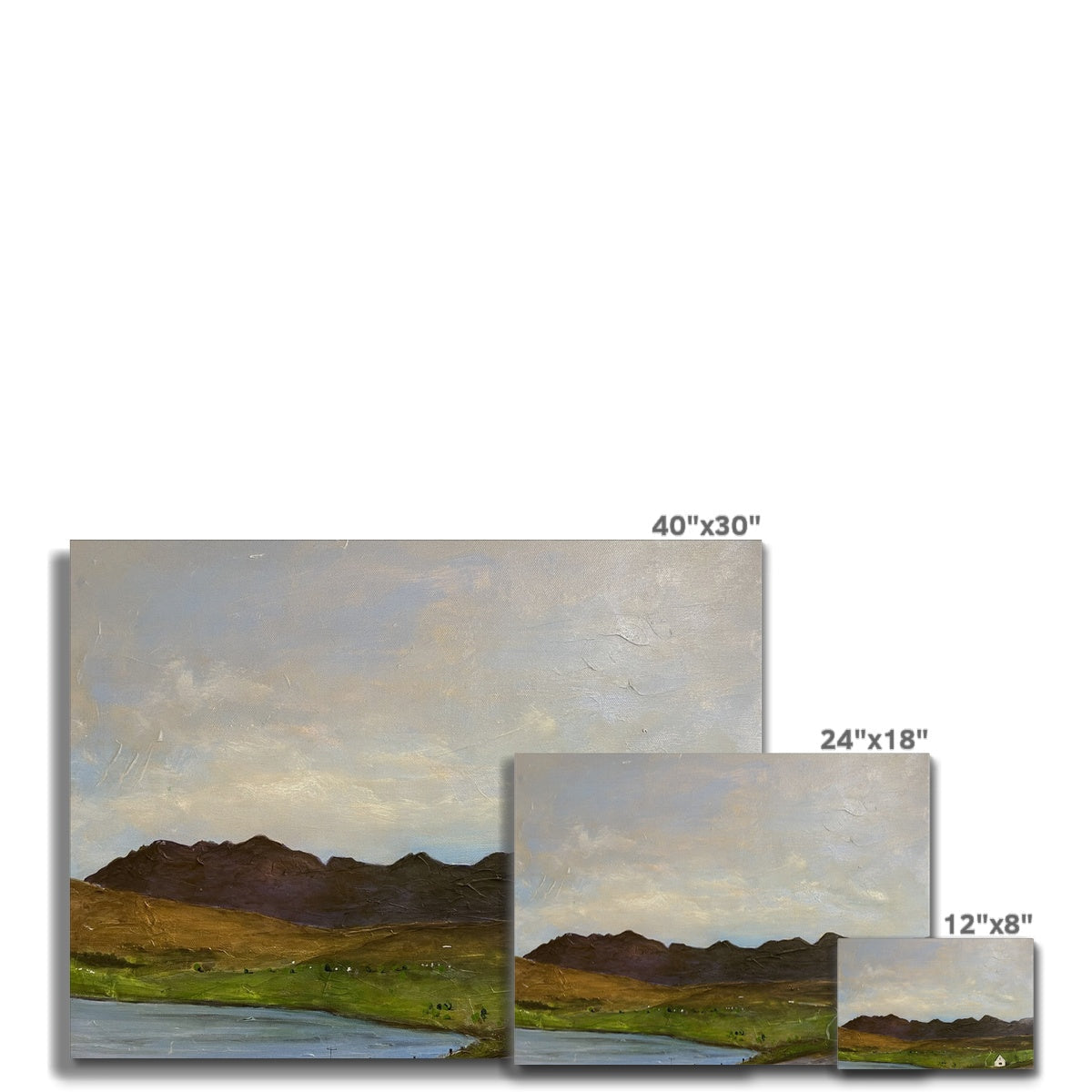 Serene rolling green hills, calm water, and distant mountains in The Road To Carbost canvas print