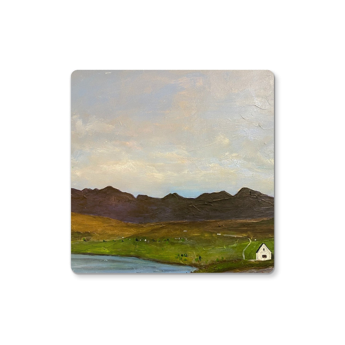 The Road To Carbost square coaster with painted green hills, mountains, cottage, water, cloudy sky