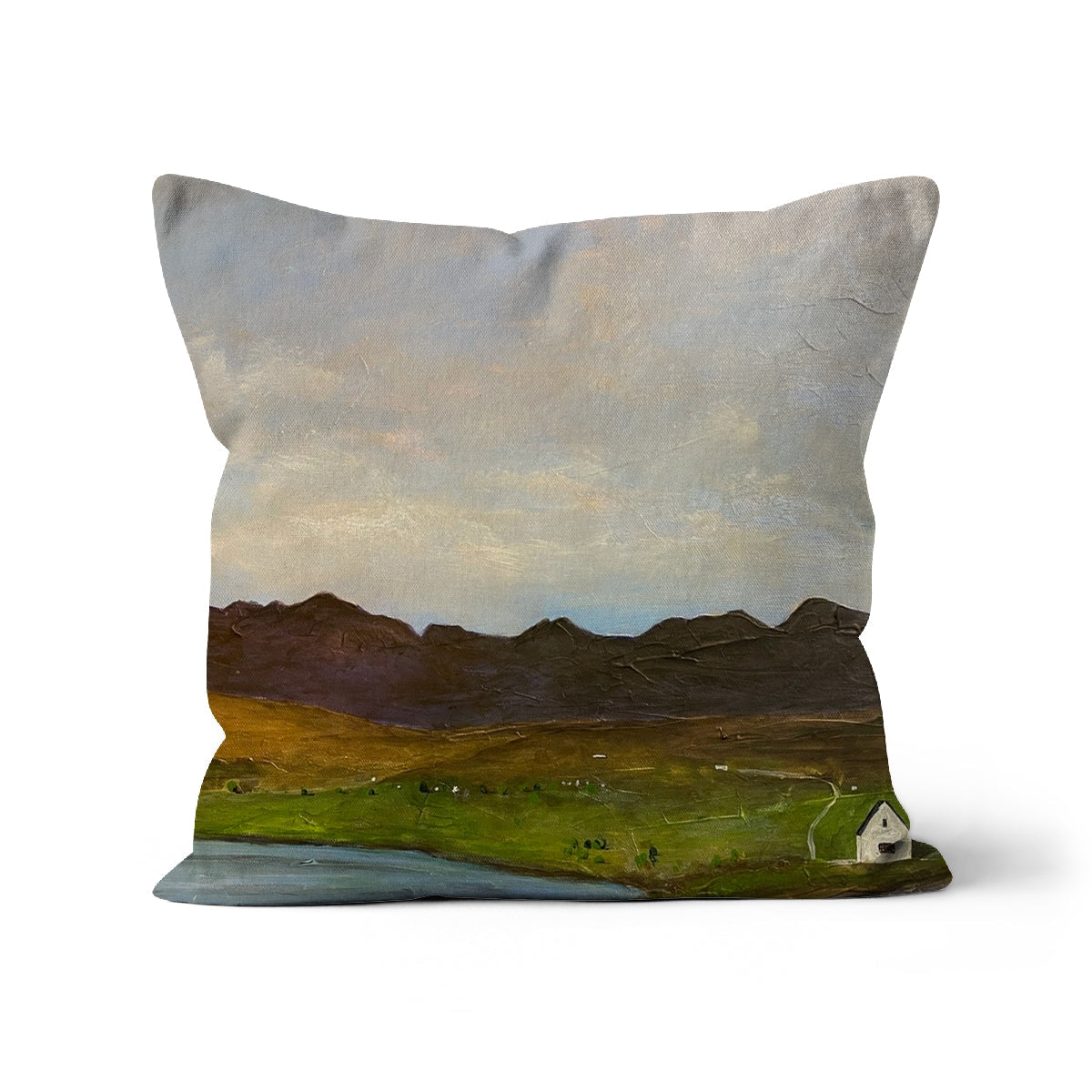 The Road To Carbost square cushion with impressionistic mountain landscape